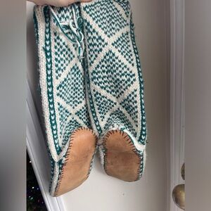 Handmade XL Mukluks slipper socks Teal and White Knit with Suede Soles